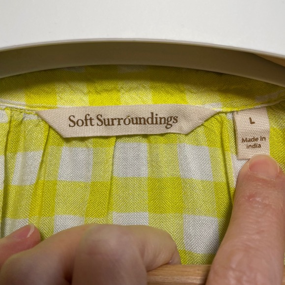 Soft Surroundings Gingham Ruffle Sleeve Button Up Shirt Women's L Bright Yellow - Picture 3 of 7